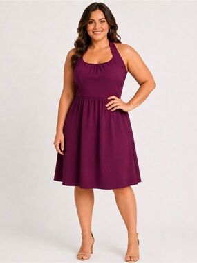 J. Crew plum-colored halter-neck fit and flare dress s1
